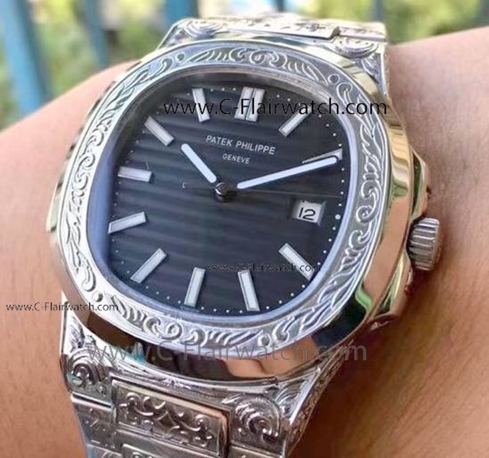Stainless Steel Black Dial Patek Philippe Engraving Watch AAA Co